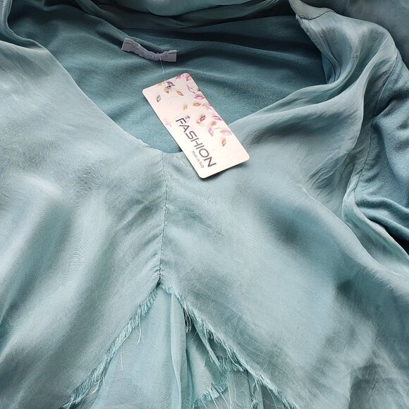 BNWT Silk Waterfall Layered 3/4 arm Midi Dress Made in Italy Light Teal - Picture 13 of 13